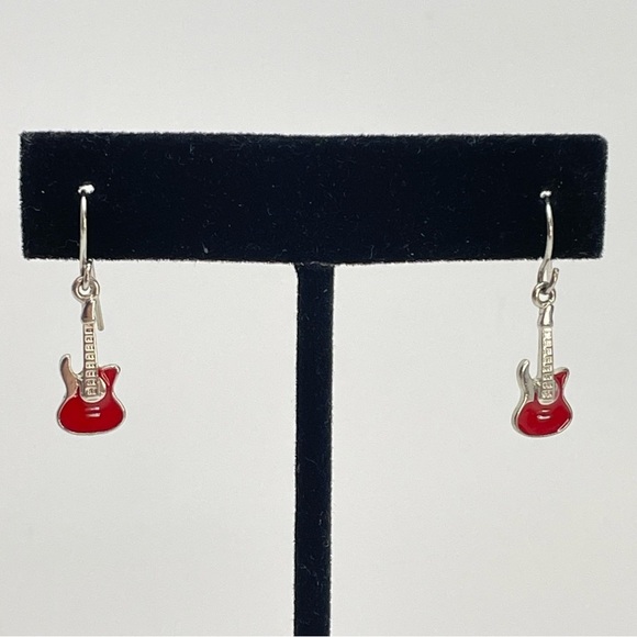 Red and Silver Tone Enamel Guitar Dangle Earrings - Picture 6 of 6